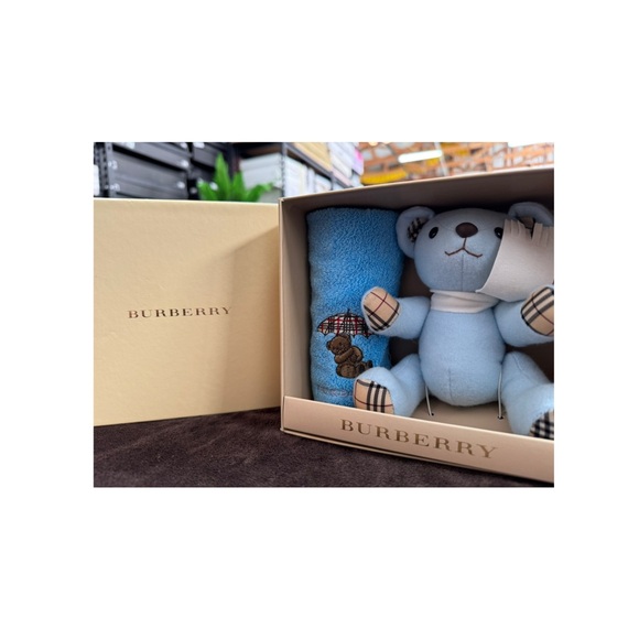 Burberry Baby Blue Teddy Bear with matching towel box set - Picture 2 of 6